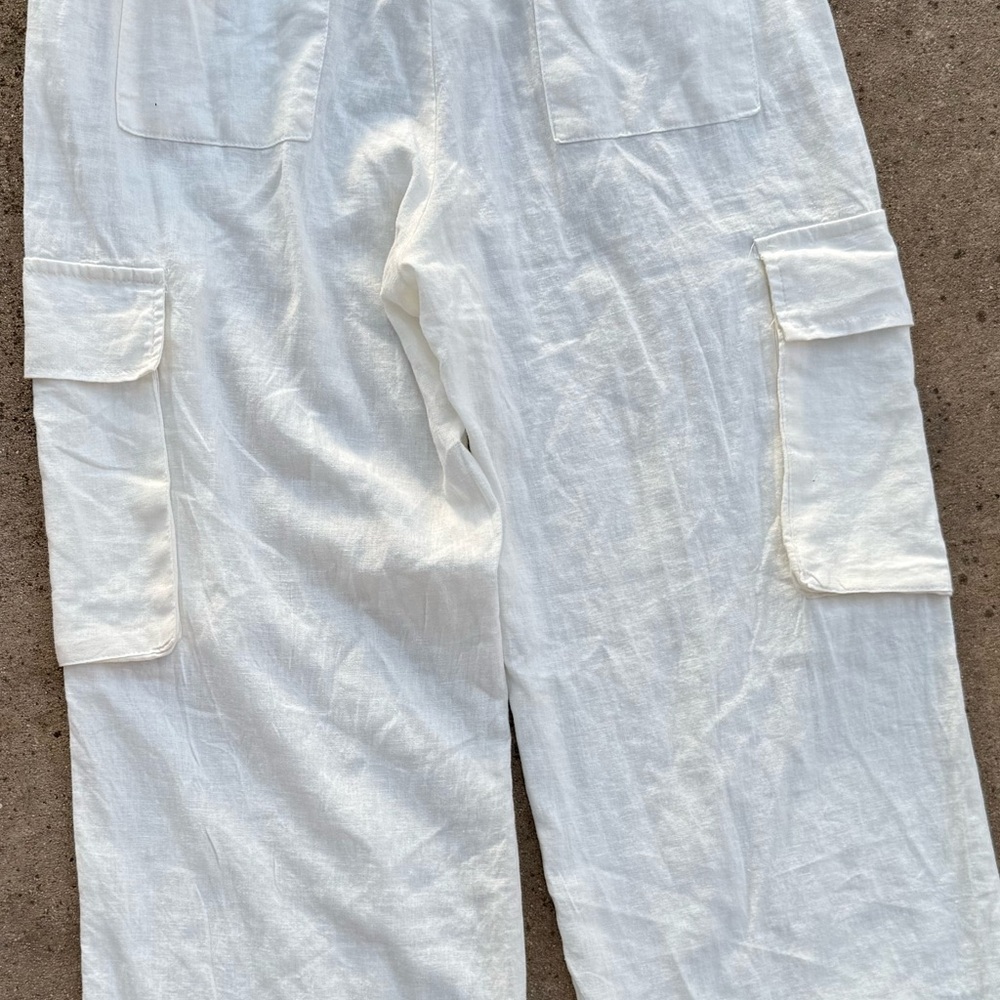 HG - Off White Cargo Linen Pants Size M Wide Leg - Picture 5 of 11